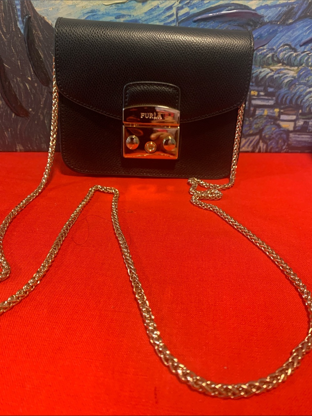 Furla Black Leather Crossbody with Gold-Tone Lock and Chain. EUC